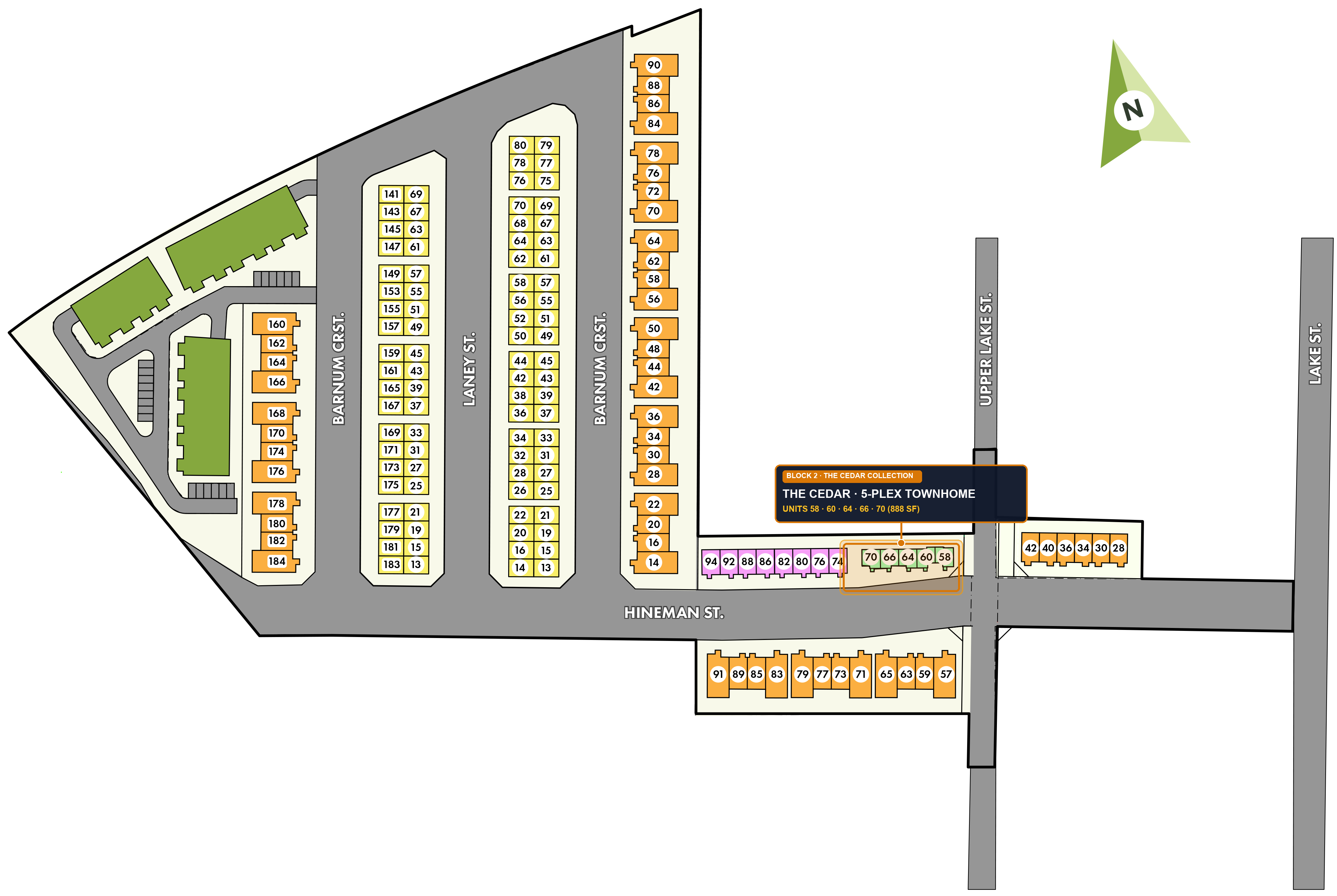 Cold Creek Phase 1 Subdivision Plan - Highlighting The Cedar Units 58, 60, 64, 66, 70